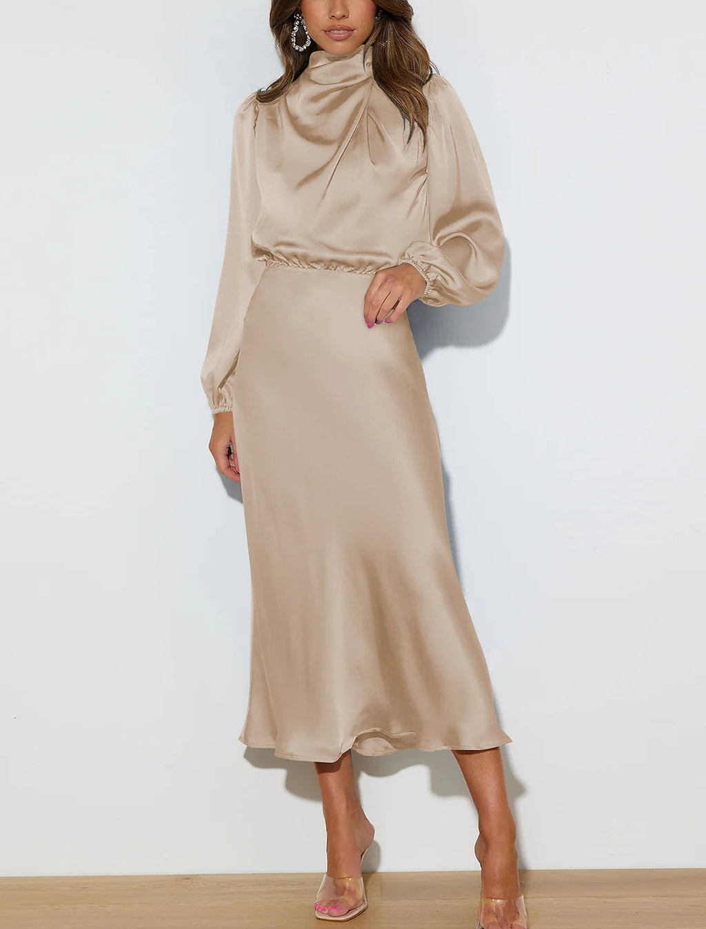 Champagne Satin High Neck A-Line Midi Bridesmaid Dress