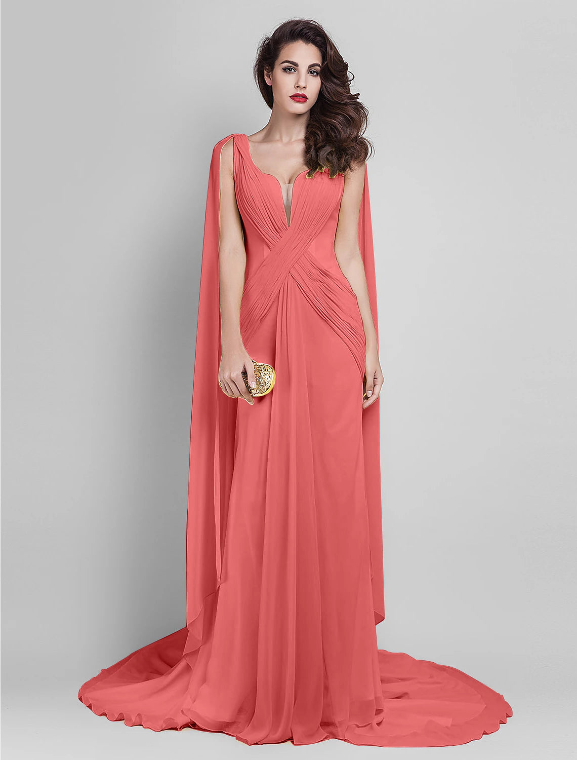 Lemon Chiffon Sheath/column Floor-Length Evening Dress with Flowing Cape