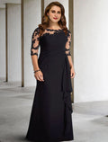 Abiti da cerimonia per la madre della sposa a trapezio, taglie forti, eleganti, con curve a pancia nascosta, autunnali, formali, lunghi fino al pavimento, con scollo gioiello, in chiffon con pieghe e applicazioni arricciate.