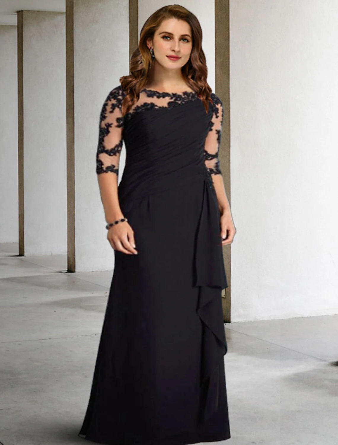Black Chiffon A-Line Floor-Length Illusion Neck Gown with Lace Sleeves