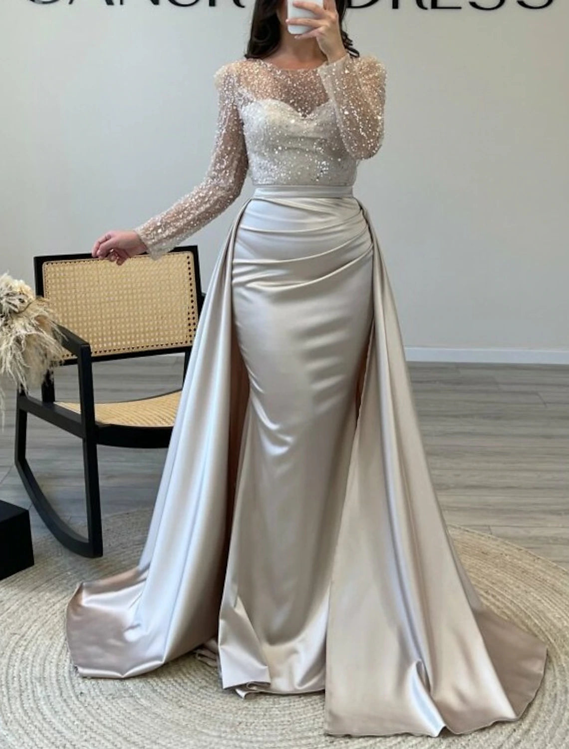 Ivory Satin Sheath/Column Gown with Illusion Sequin Sleeves