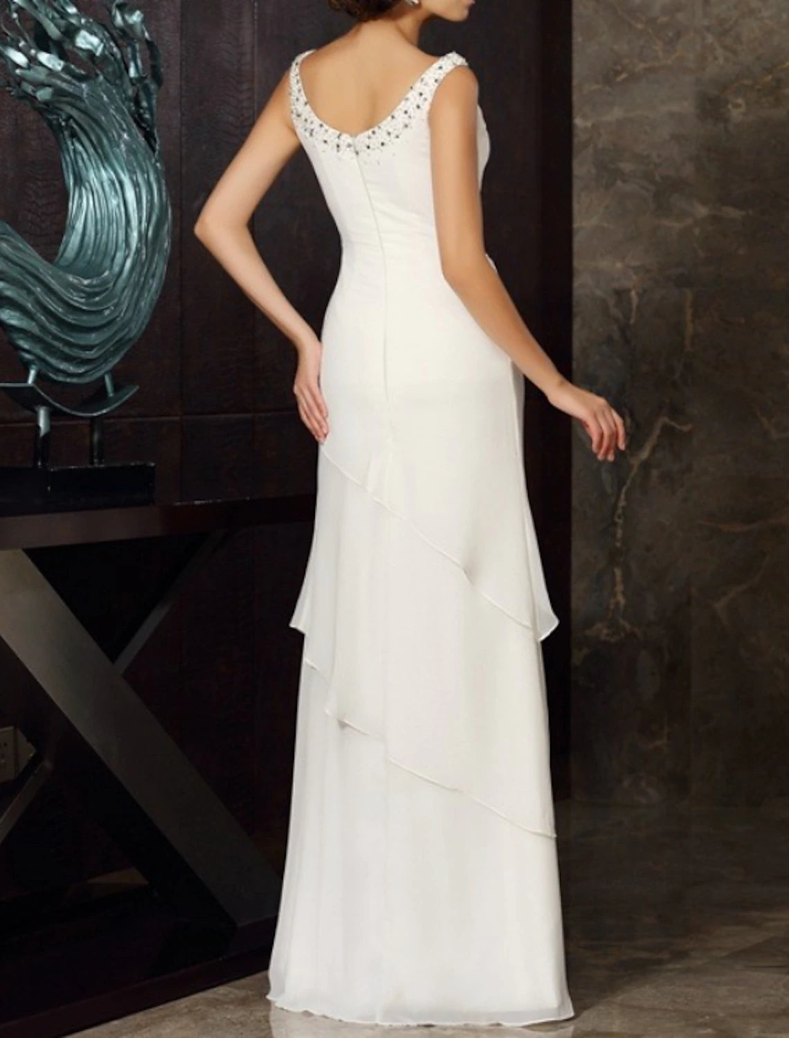 Abito da cerimonia per la madre della sposa in due pezzi, stile tubino/colonna, elegante, taglie forti, con scollo gioiello, lunghezza pavimento, in chiffon, maniche lunghe, giacca corta inclusa, con perline e volant a cascata