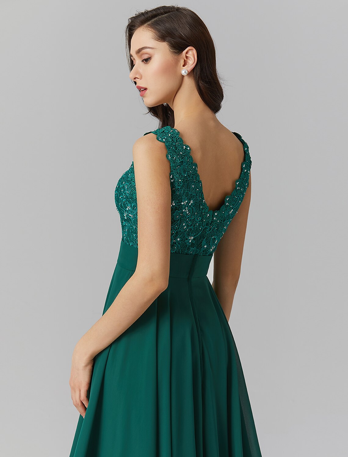 Abito elegante a trapezio, da cerimonia, da sera, lungo, senza maniche, scollo a V, in chiffon, con fascia/nastro e perline