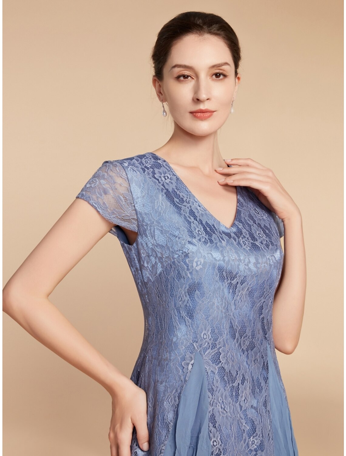 Blue Lace V-Neck A-Line Tea-Length Evening Dress