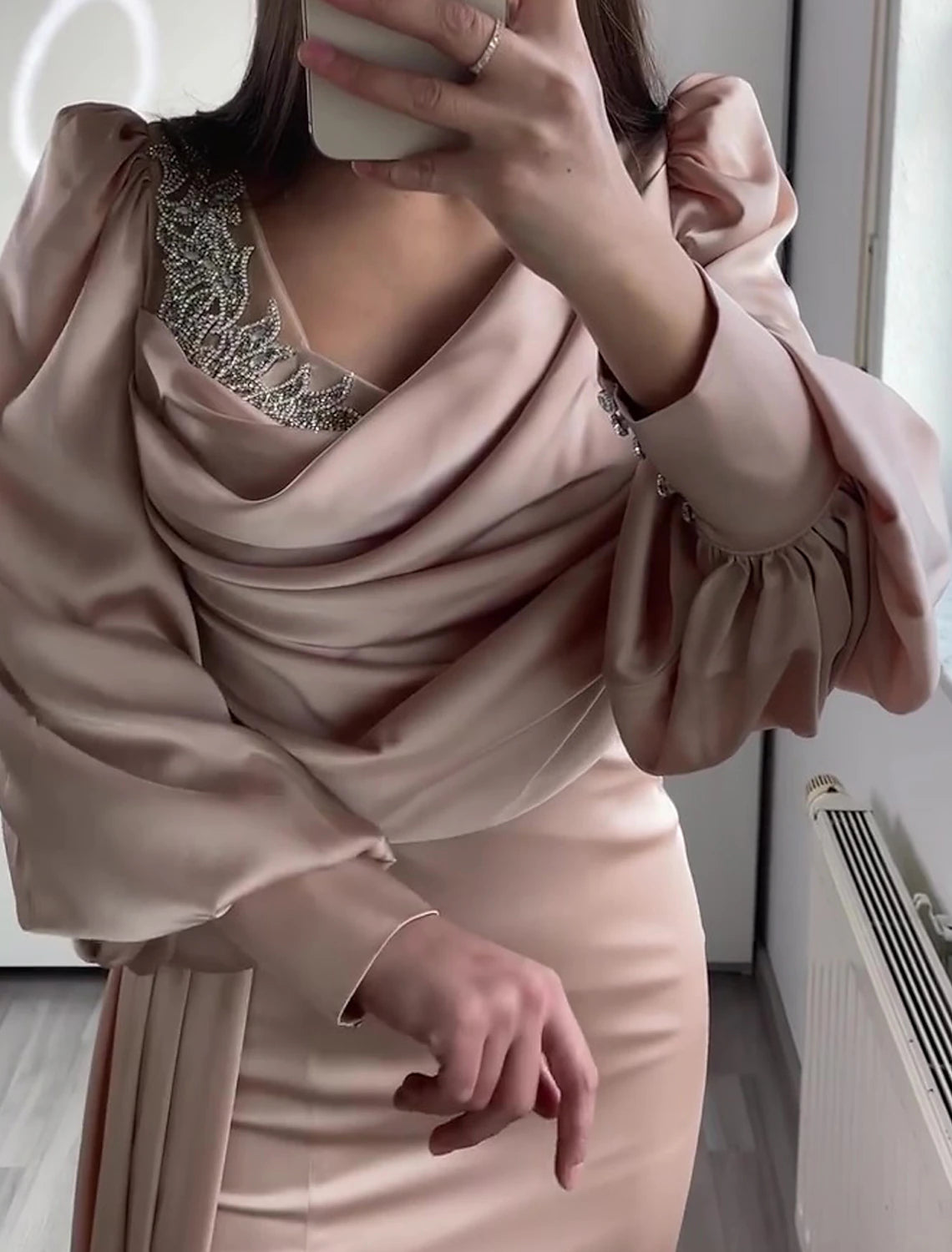 Mermaid / Trumpet Evening Gown Elegant Dress Formal Wedding Guest Sweep / Brush Train Long Sleeve V Neck Satin with Ruched