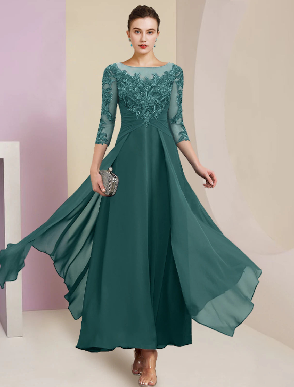 Abito da cerimonia per la madre della sposa, a tubino, semplice ed elegante, con scollo a gioiello, lunghezza alla caviglia, in chiffon, pizzo, manica a 3/4 con pieghe e paillettes