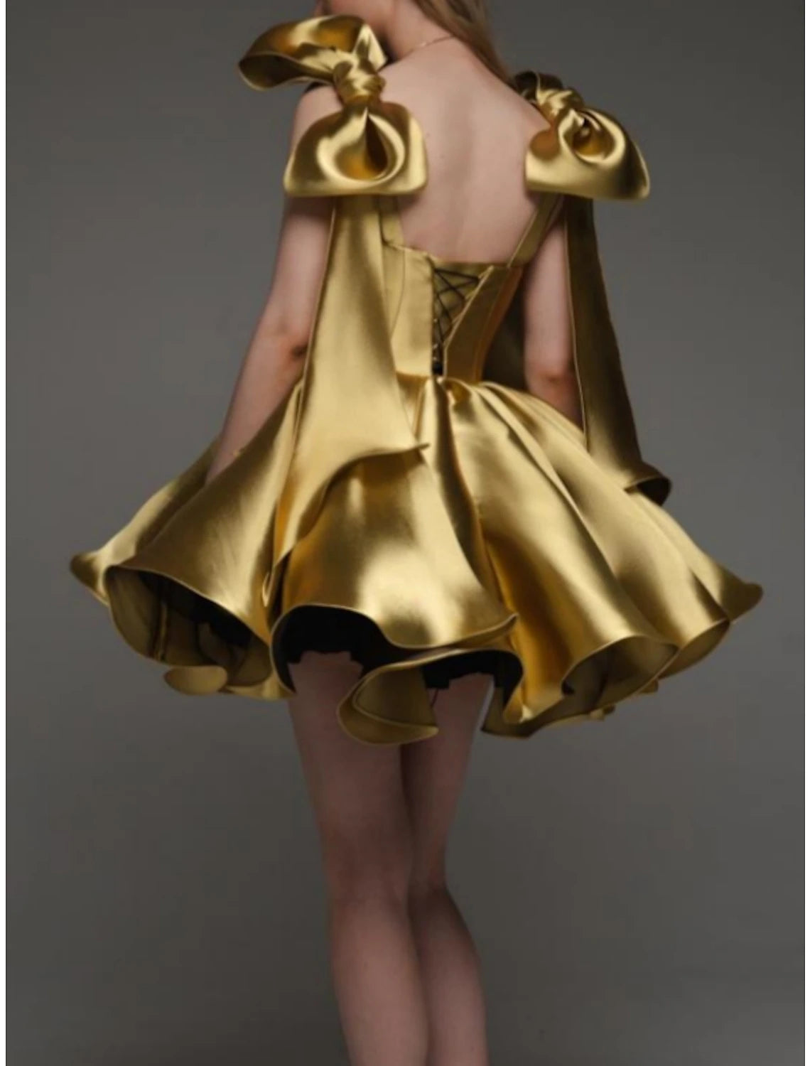 Gold Satin A-Line Short Evening Dress with Sculptural Shoulder Bows