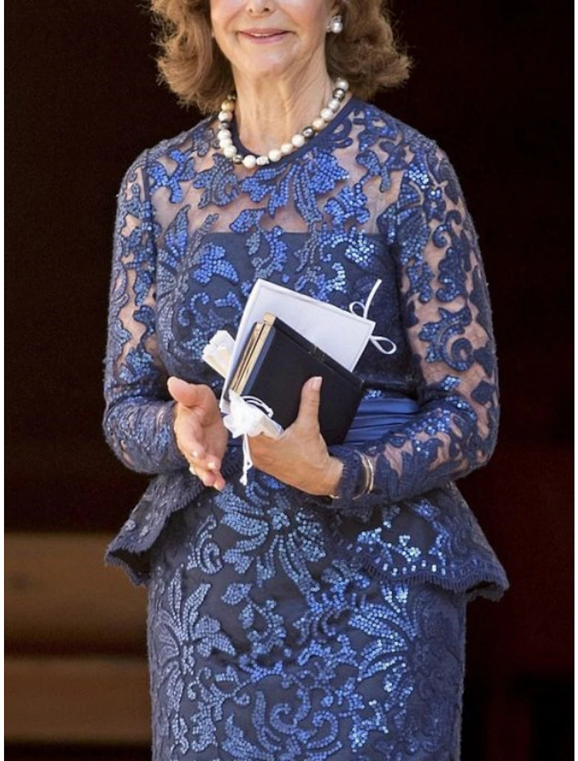 Vestido de Madre de la Novia con Corte Vaina/Columna para Invitadas de Boda, Elegante, Fiesta, Brillo y Resplandor, Cuello Joya, Largo hasta el Tobillo, Lentejuelas, Manga Larga con Volantes de Encaje