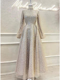 Vestido de noche elegante de corte A, formal, largo hasta los tobillos, manga larga, cuello alto, lentejuelas y pliegues brillantes.