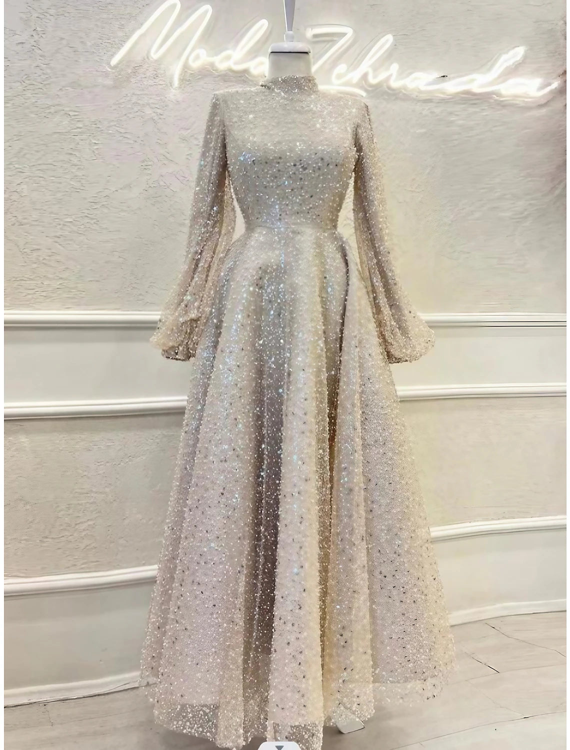Champagne Sequin A-Line High Neck Floor-Length Evening Dress for Prom & Gala
