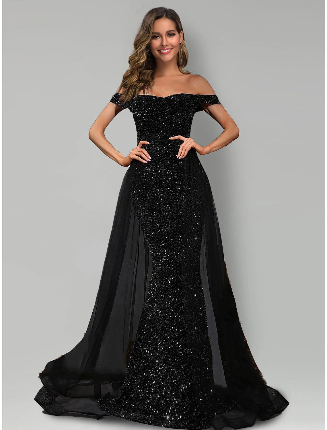 Vestido de noche de sirena/trompeta con brillo y brillo, vestido formal negro de talla grande, cola larga/cortada, sin mangas, hombros descubiertos, tul con lentejuelas