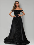 Black Sequin Off-the-Shoulder Mermaid Floor-Length Evening Dress