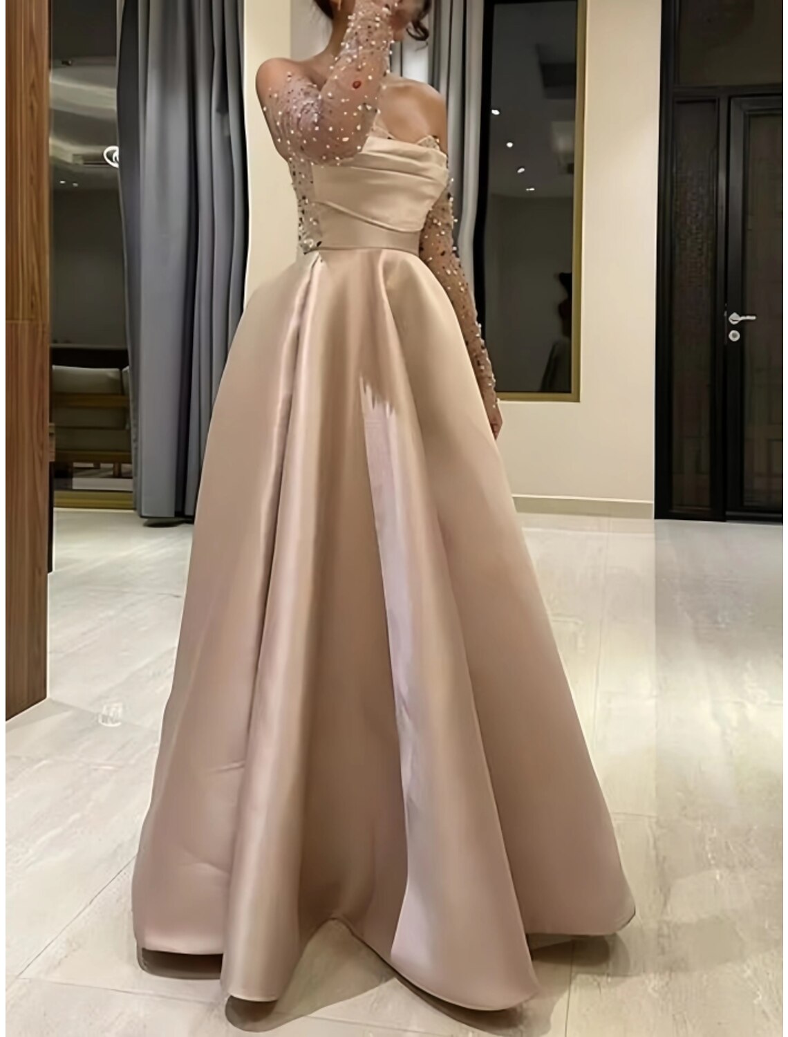 Vestido de noche de corte A, estilo princesa, formal, largo hasta el suelo, manga larga, escote corazón, satén, fruncido, con cuentas