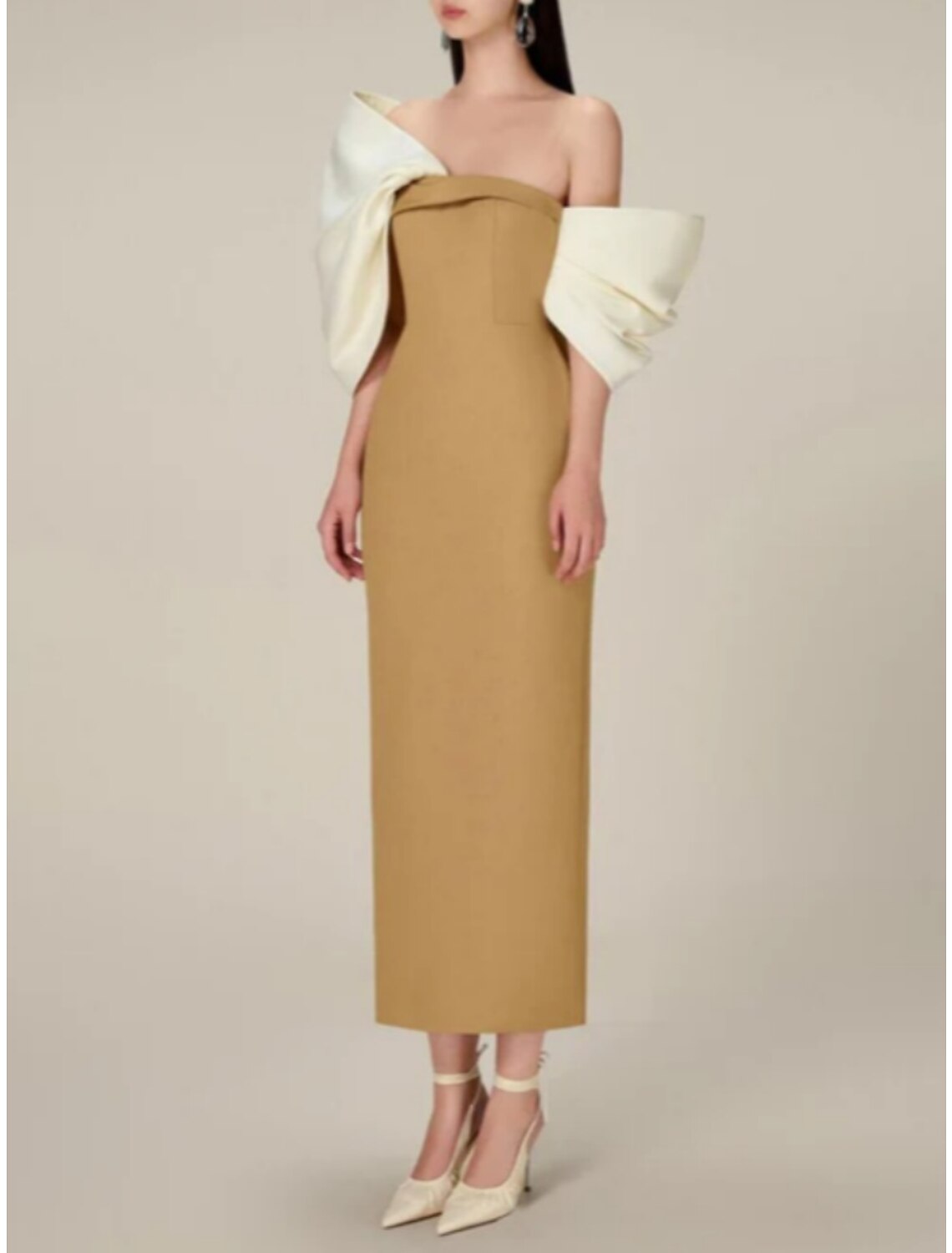 Vestido de noche elegante con corte tubo/columna, formal, largo hasta la rodilla, media manga, hombros descubiertos, satén con lazo(s), fruncido