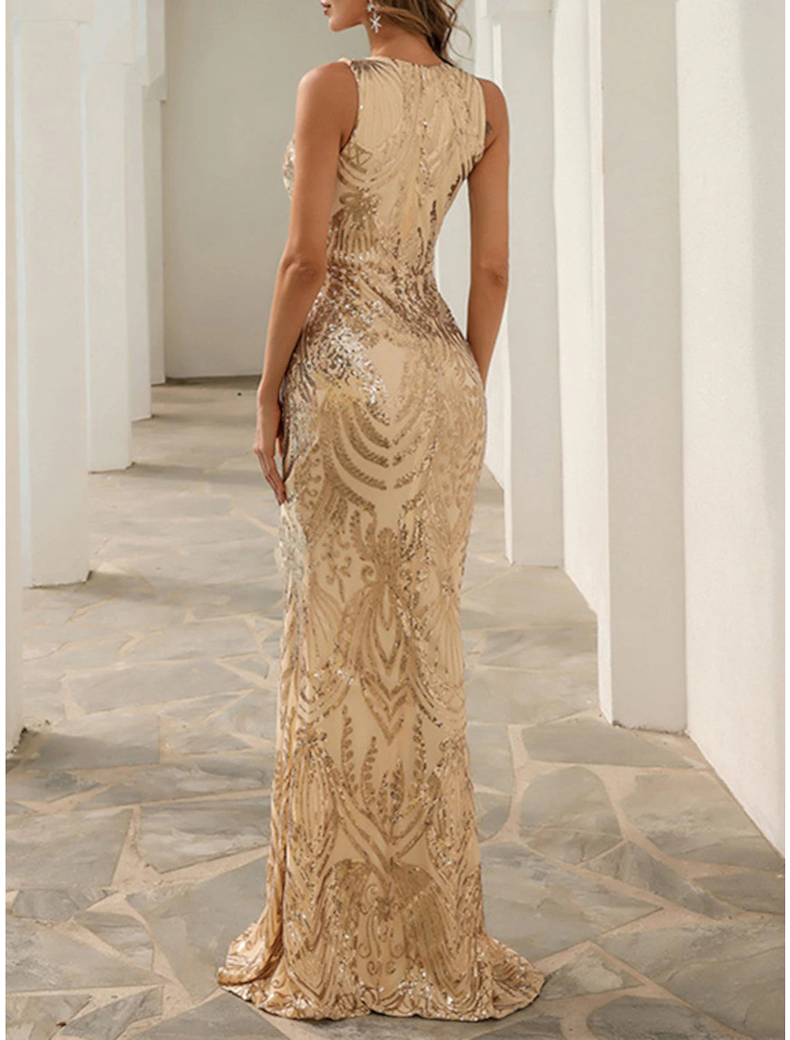 Mermaid / Trumpet Sparkle Sexy Engagement Formal Evening Dress V Neck Sleeveless Sweep / Brush Train  Fabric with Sequin Slit