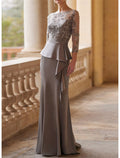 Grey Crepe Sheath/column Floor-Length Evening Dress with Embroidered Illusion Boat Neck