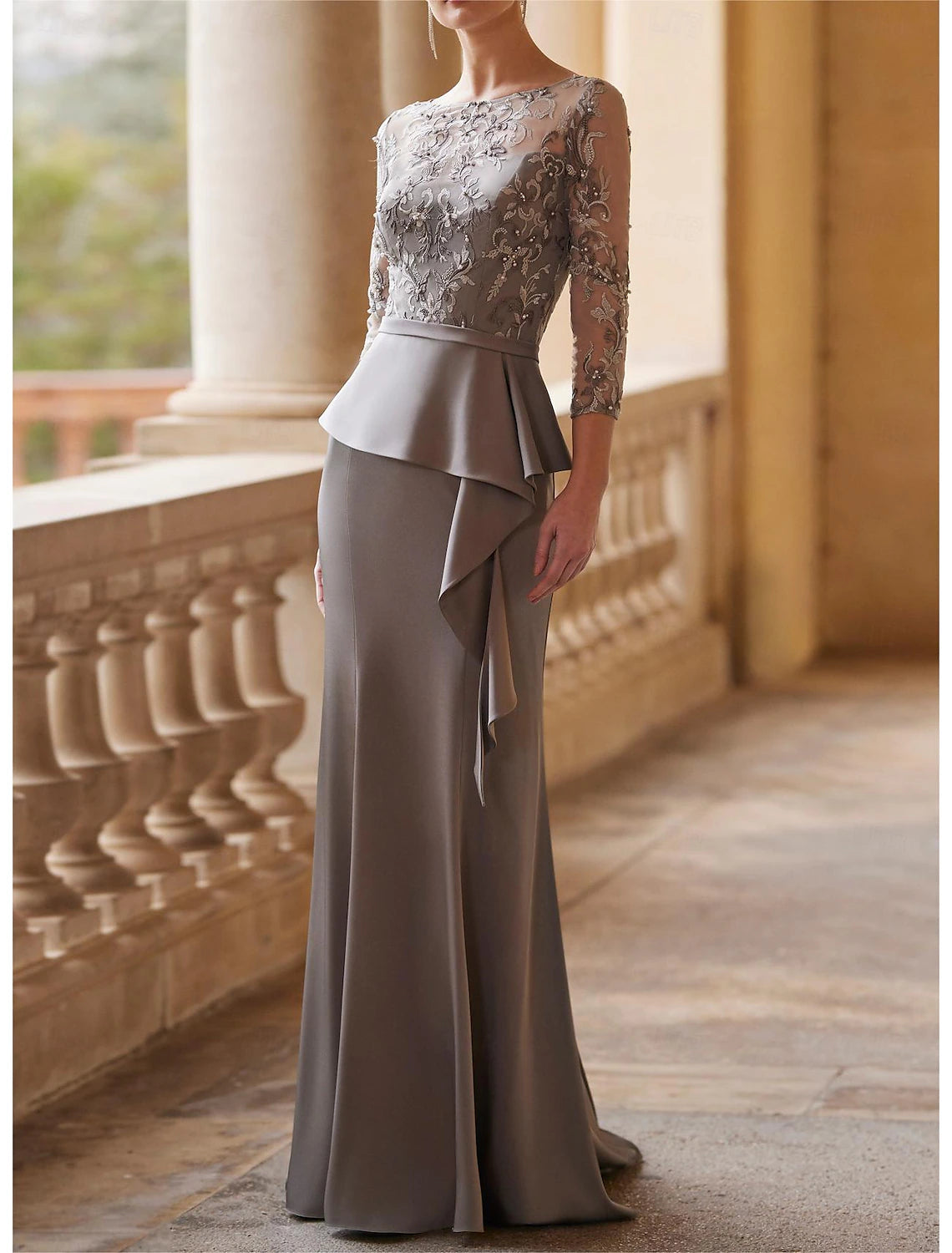 Grey Crepe Sheath/column Floor-Length Evening Dress with Embroidered Illusion Boat Neck
