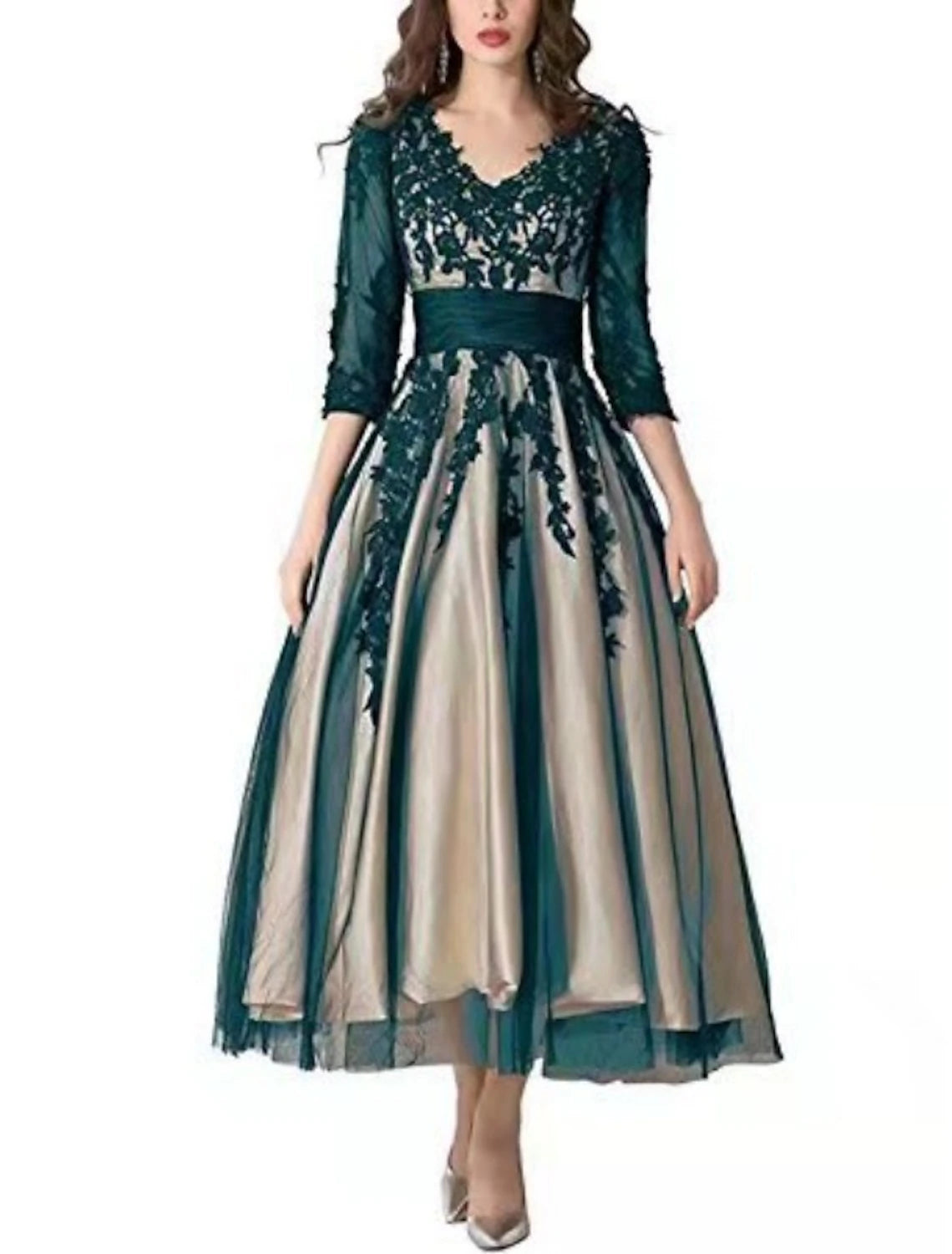 Abito da cerimonia per la madre della sposa, a trapezio, elegante, stile vintage, con scollo a V, lunghezza alla caviglia, in pizzo e tulle, maniche a 3/4 con applicazioni a pieghe