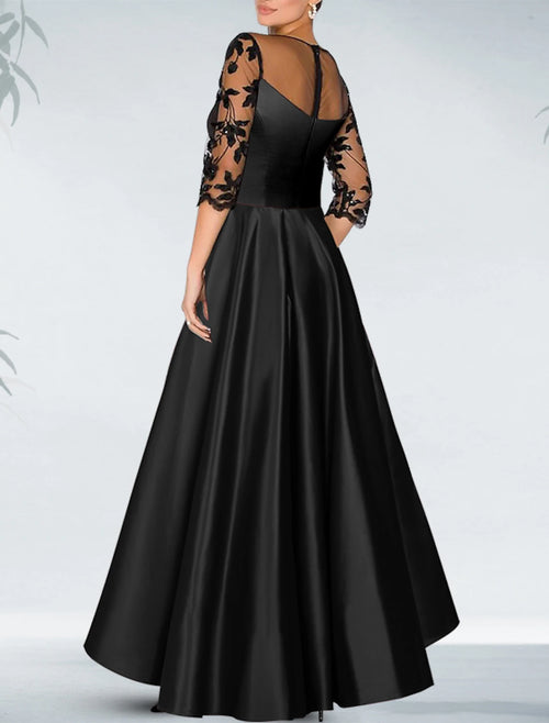 Black Satin A-Line Asymmetrical Evening Dress with Lace Illusion Bodice & High-Low Hem