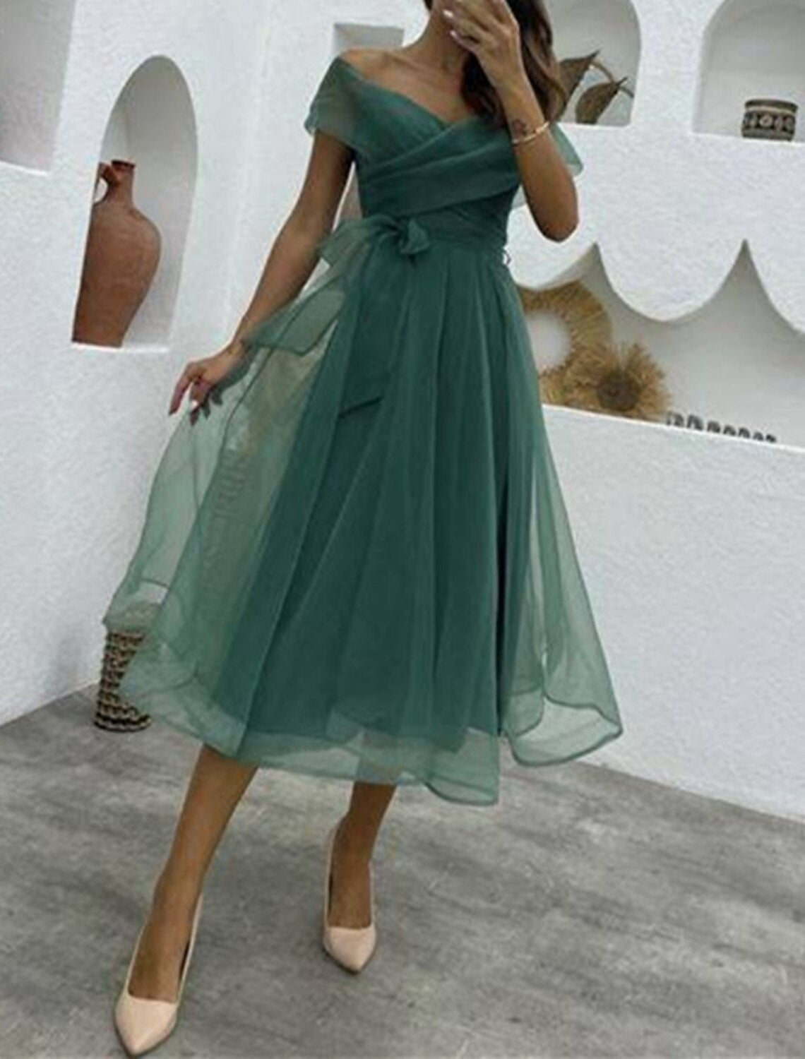 Green Tulle A-Line Tea-Length Bridesmaid Dress
