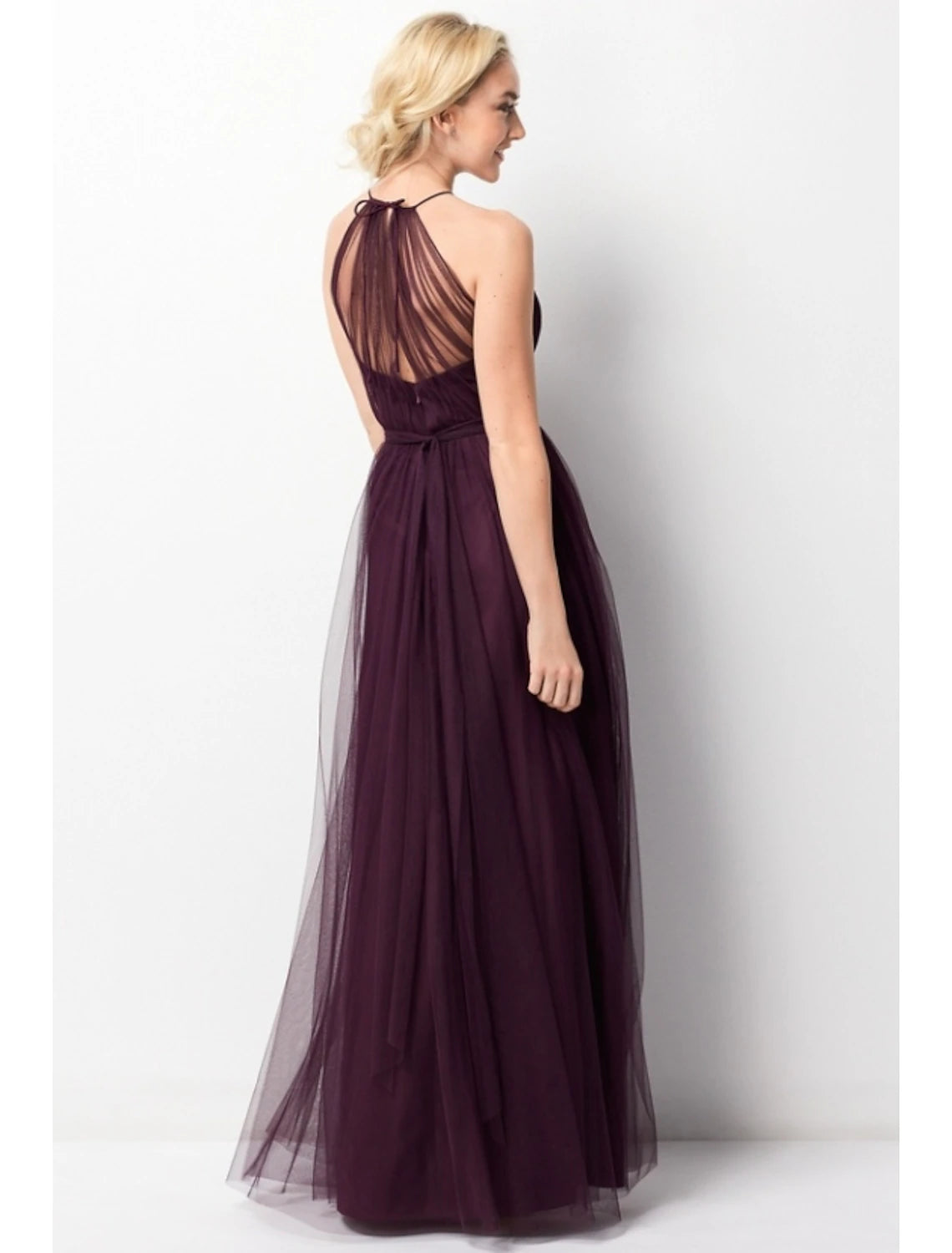 Mulberry Tulle A-Line Floor-Length Bridesmaid Dress with Halter Neckline
