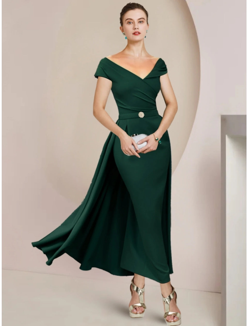 Forest Green Crepe Off-the-Shoulder Floor-Length Evening Dress with Asymmetrical Overskirt