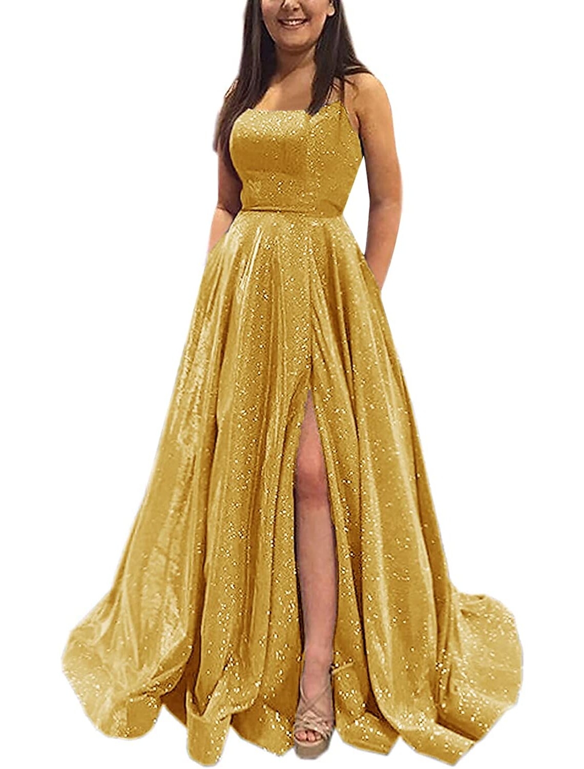 Abiti da ballo a trapezio, scintillanti e brillanti, lunghi fino al pavimento, senza maniche, senza spalline, in raso, senza schienale, con tasca a fessura