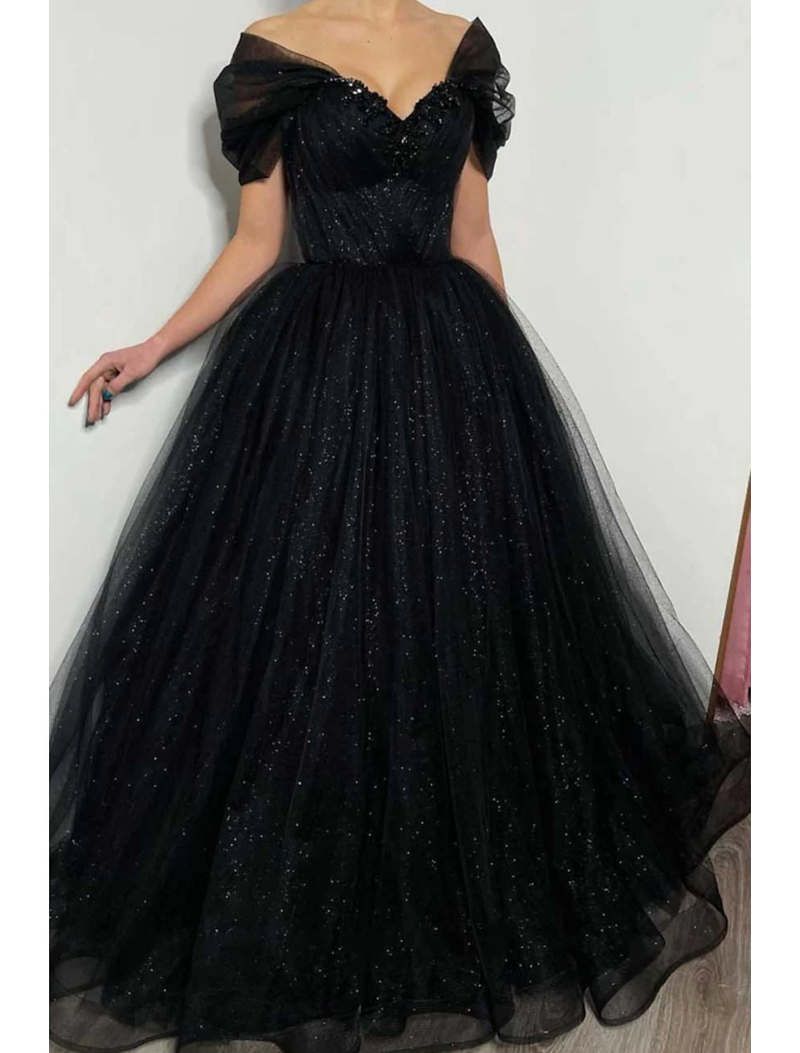 A-Line Prom Dresses Elegant Dress Formal Floor Length Black Dress Short Sleeve Off Shoulder Tulle with Pleats Beading Sequin 2025