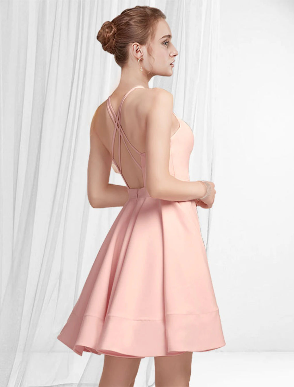 Pink Crepe A-Line Bridesmaid Short Dress with V-Neck and Pleated Skirt