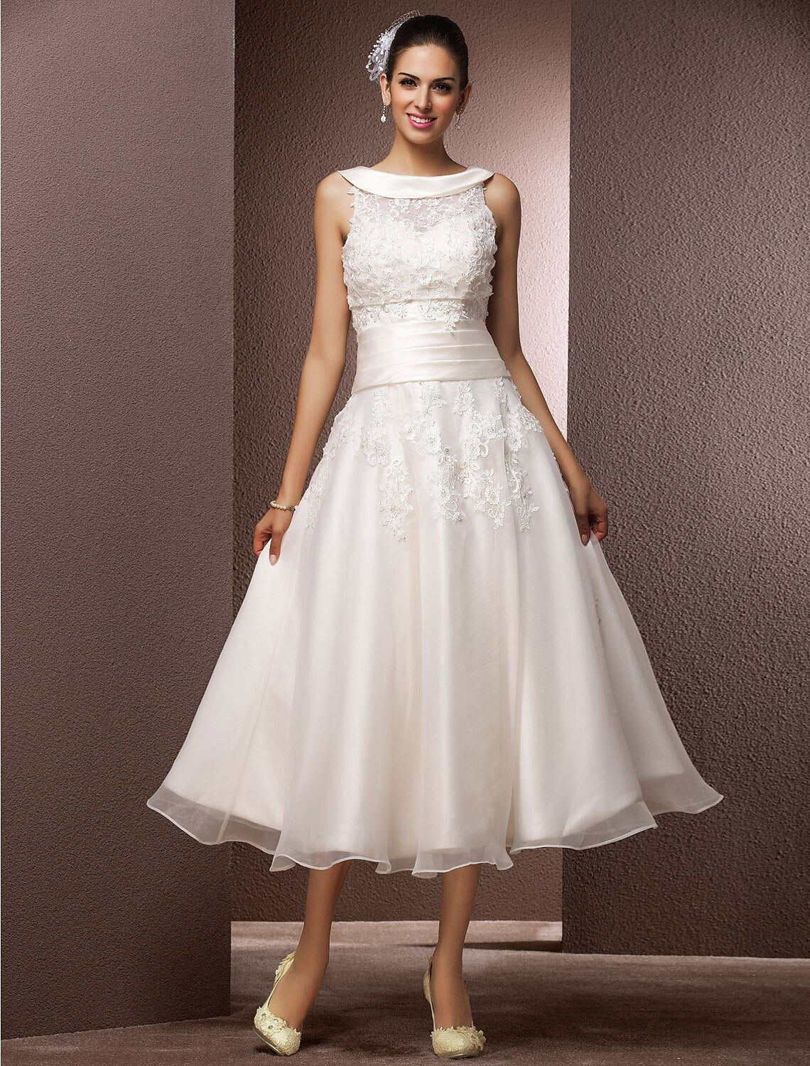 Ivory Lace A-Line Tea-Length Bridesmaid Dress