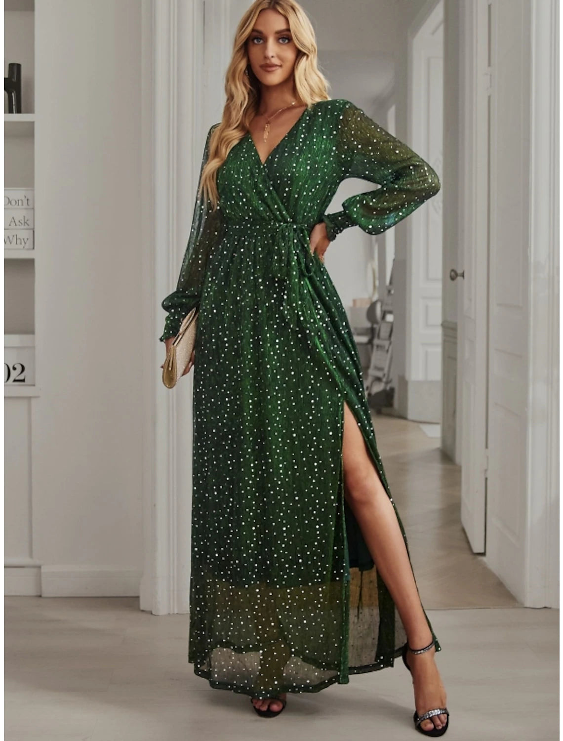 Forest Green A-Line Floor-Length Evening Dress with Wrap Design, High Slit & Glitter Dots