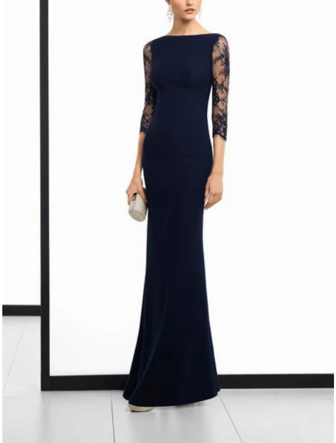 Sheath / Column Mother of the Bride Dress Wedding Guest Vintage Party Scoop Neck Floor Length Lace  Fabric 3/4 Length Sleeve with Solid Color