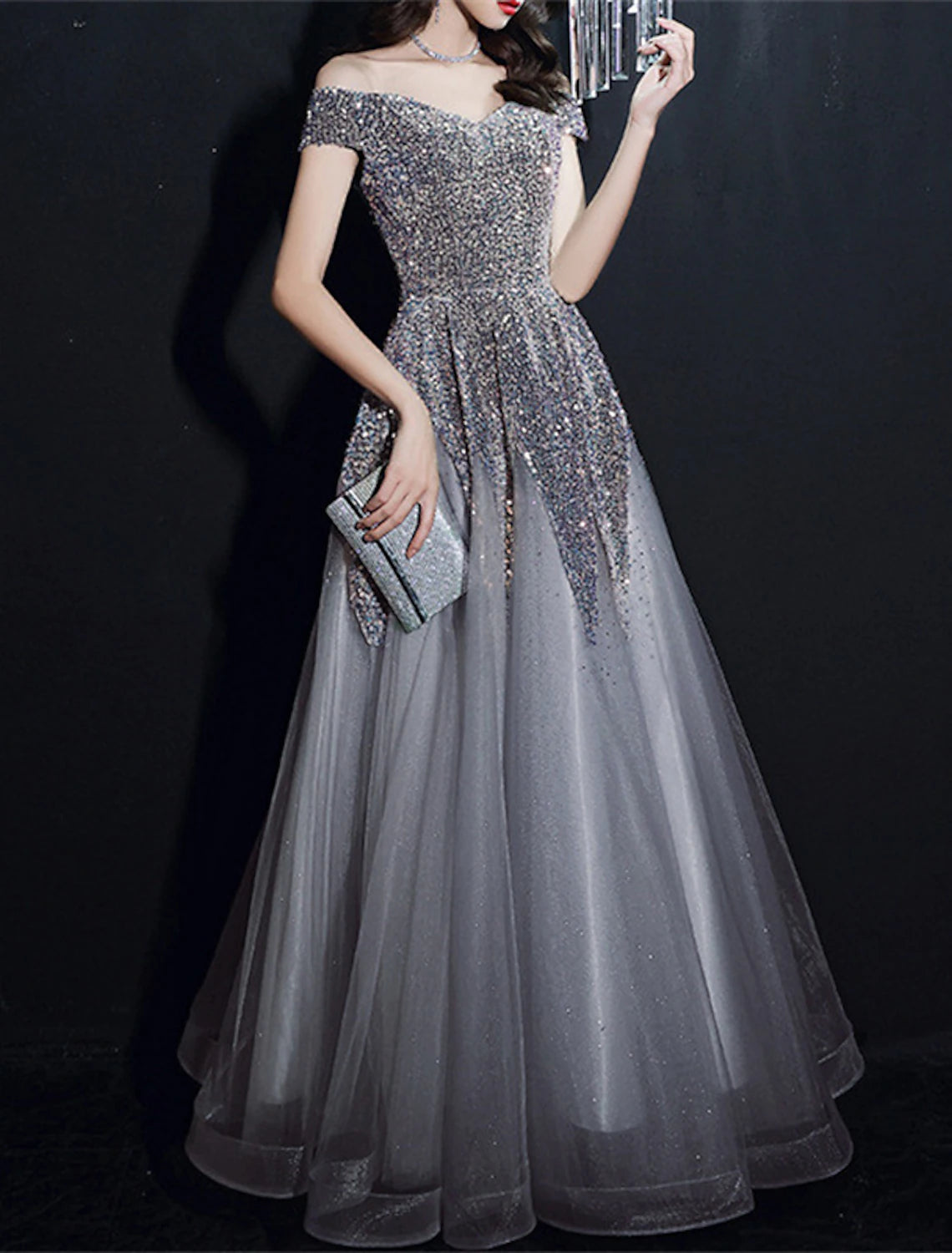 A-Line Prom Dresses Elegant Dress Formal Wedding Guest Floor Length Short Sleeve Off Shoulder Polyester with Sequin