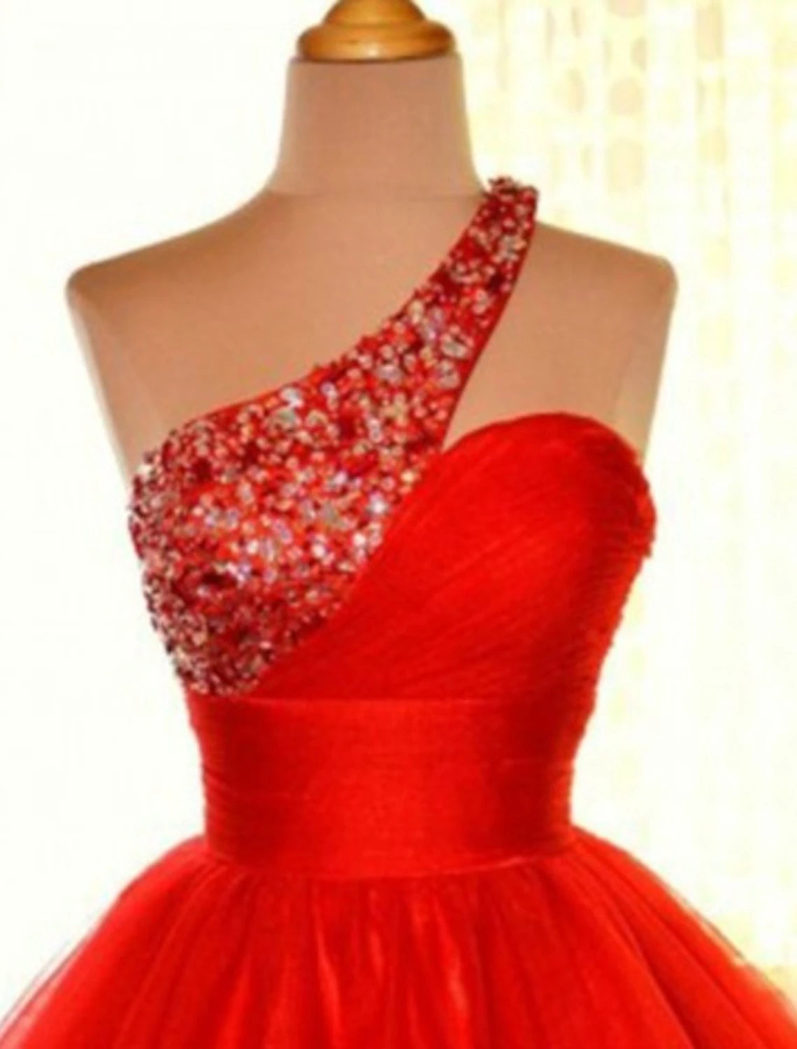 Red One Shoulder A-Line Short Dress with Sequin Bodice and Tulle Skirt