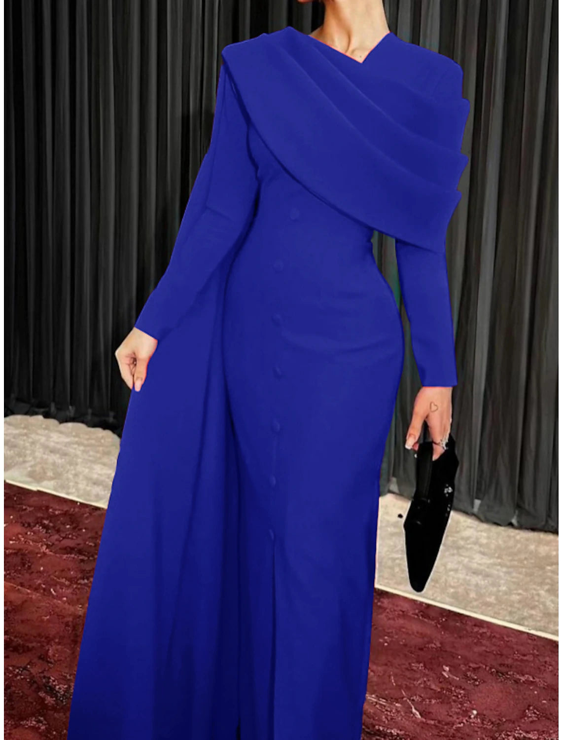 Vestido de noche elegante con capa, corte tubo, rojo, negro, navideño, rojo y verde, formal, de otoño, con cola larga, cuello vuelto, botones y abertura, 2025