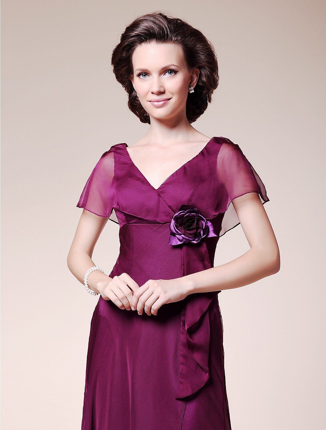 A-Line Mother of the Bride Dress Elegant V Neck Floor Length Chiffon Short Sleeve No with Ruffles Flower