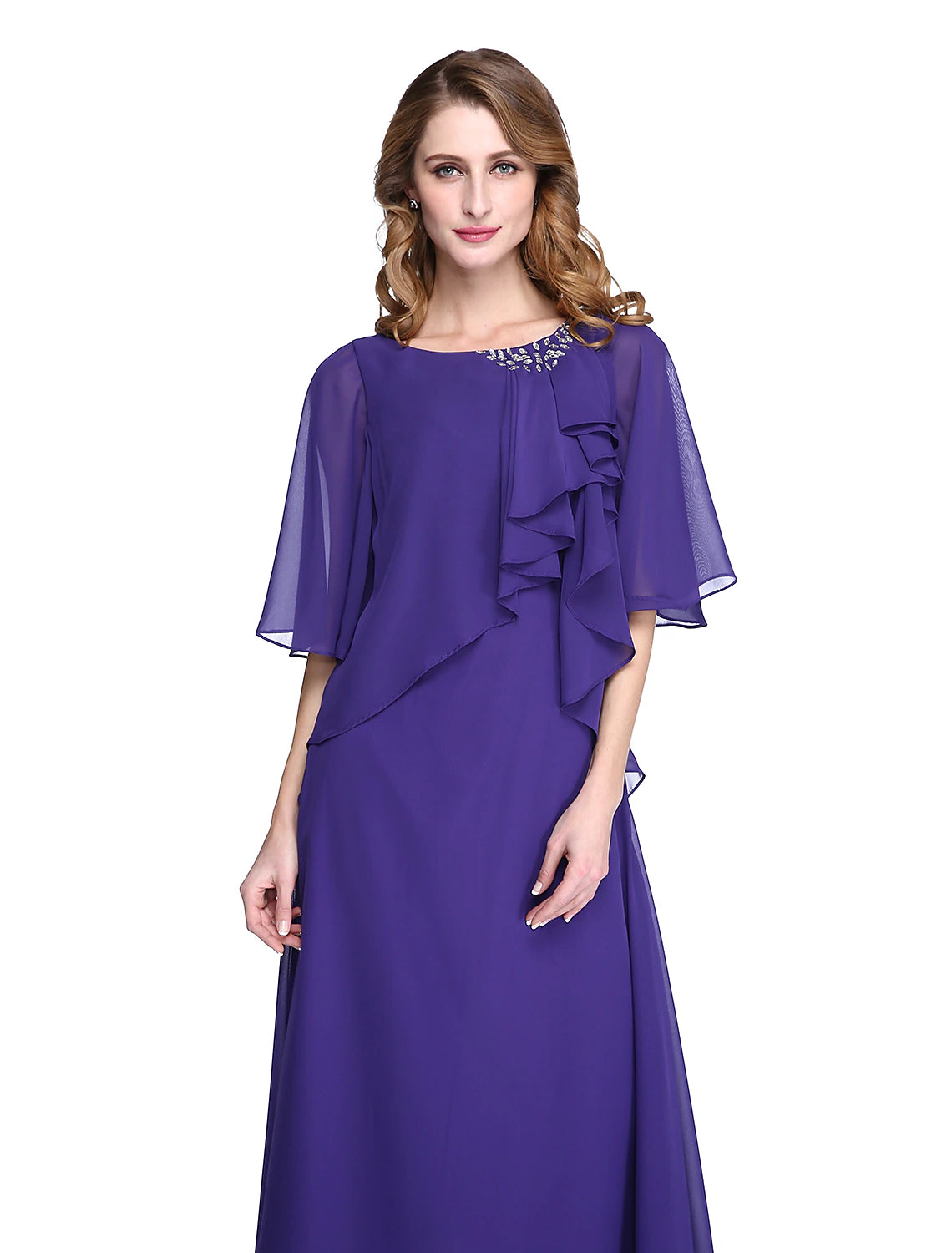 Vestido de madre de la novia con corte tubo/columna, elegante, espalda abierta, escote joya, largo hasta el suelo, gasa, media manga, pliegues, abalorios y volantes