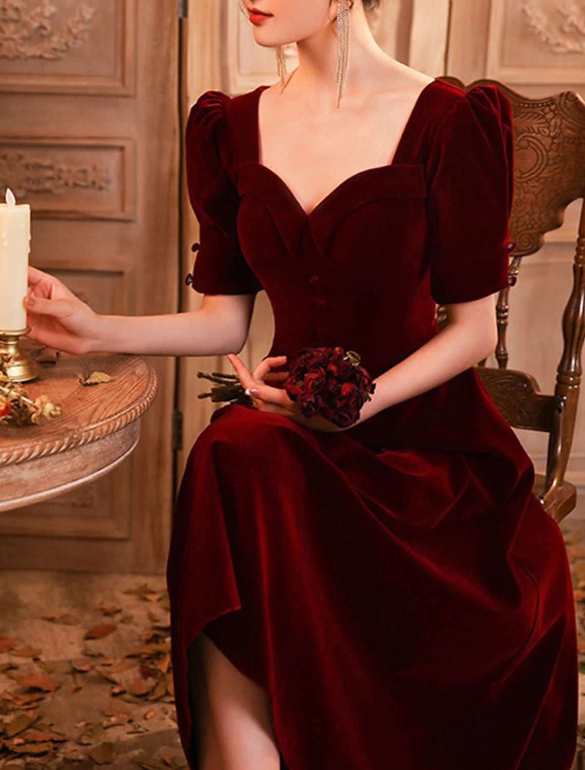 Burgundy Velvet A-Line Tea-Length Evening Dress with Puff Sleeves and Sweetheart Neckline