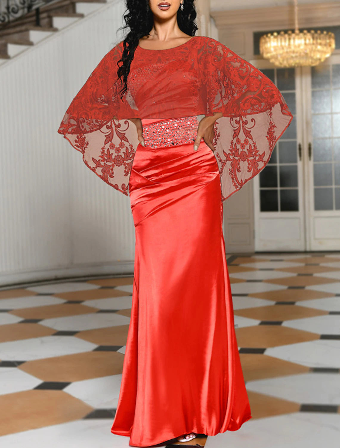 Red Satin Sheath/column Floor-Length Dress with Lace Cape Overlay