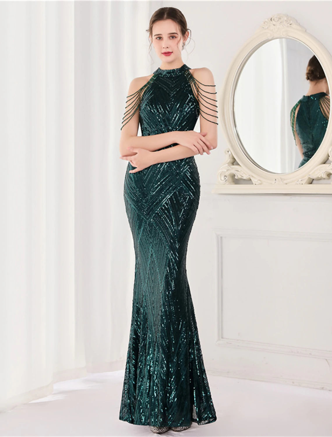 White Sequin Mermaid Floor-Length Dress with High Neck and Chain Shoulder Details