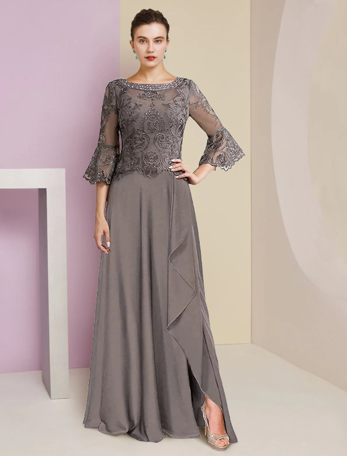 Grey Chiffon A-Line Floor-Length Evening Dress with Lace Bodice and Bell Sleeves