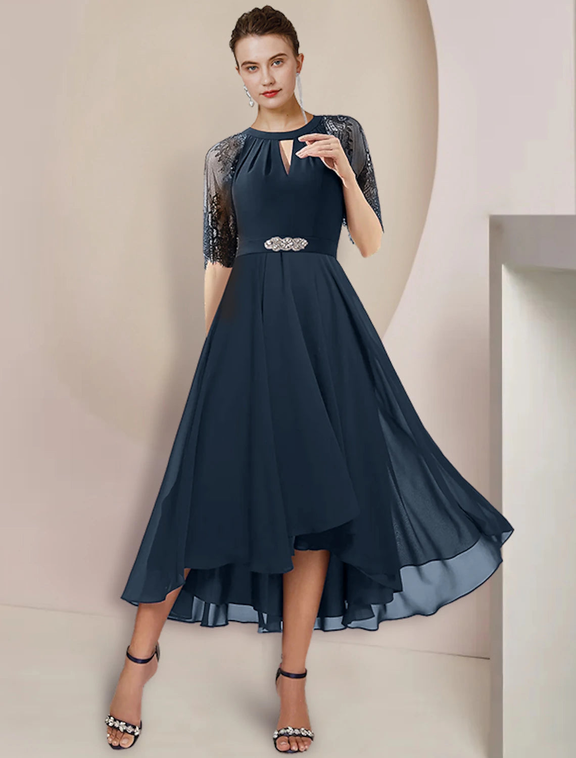 Dark Navy Chiffon A-Line High-Low Dress with Keyhole Neck and Lace Sleeves