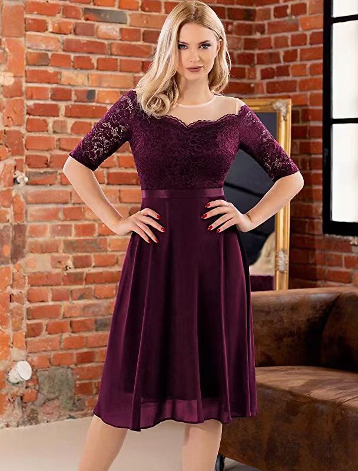 Burgundy Lace Illusion Neck A-Line Knee-Length Dress