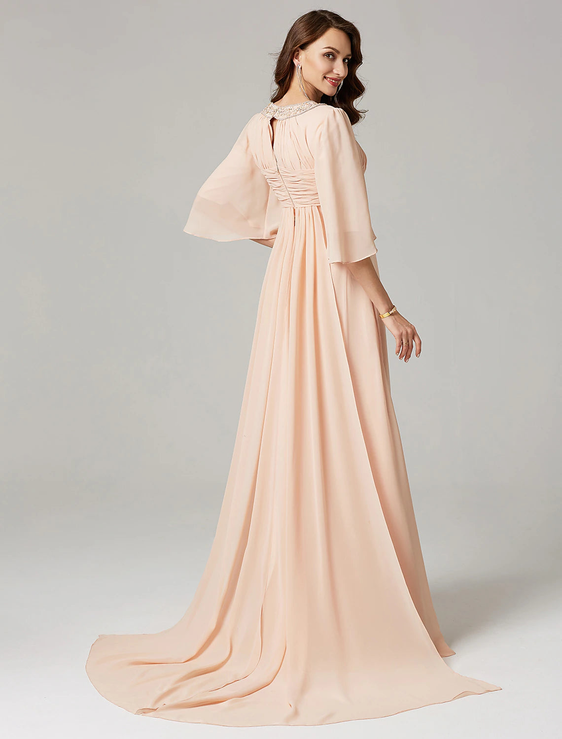Blushing Pink Beaded Keyhole Neck A-Line Chiffon Floor-Length Gown