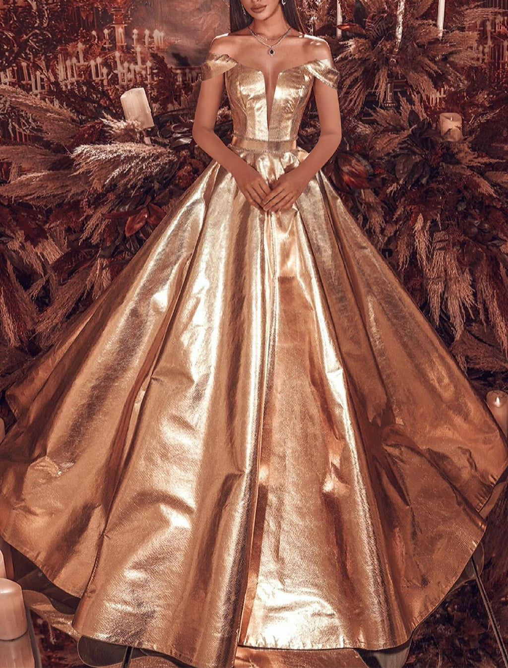 Gold Satin Ball Gown Plunging V-Neck Floor-Length Evening Dress