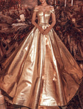 Gold Satin Ball Gown Plunging V-Neck Floor-Length Evening Dress