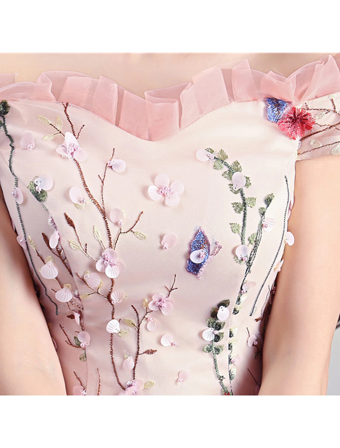 Blushing Pink Tulle Ball Gown Off-the-Shoulder Floor-Length Dress with Floral Embroidery & Ruffles
