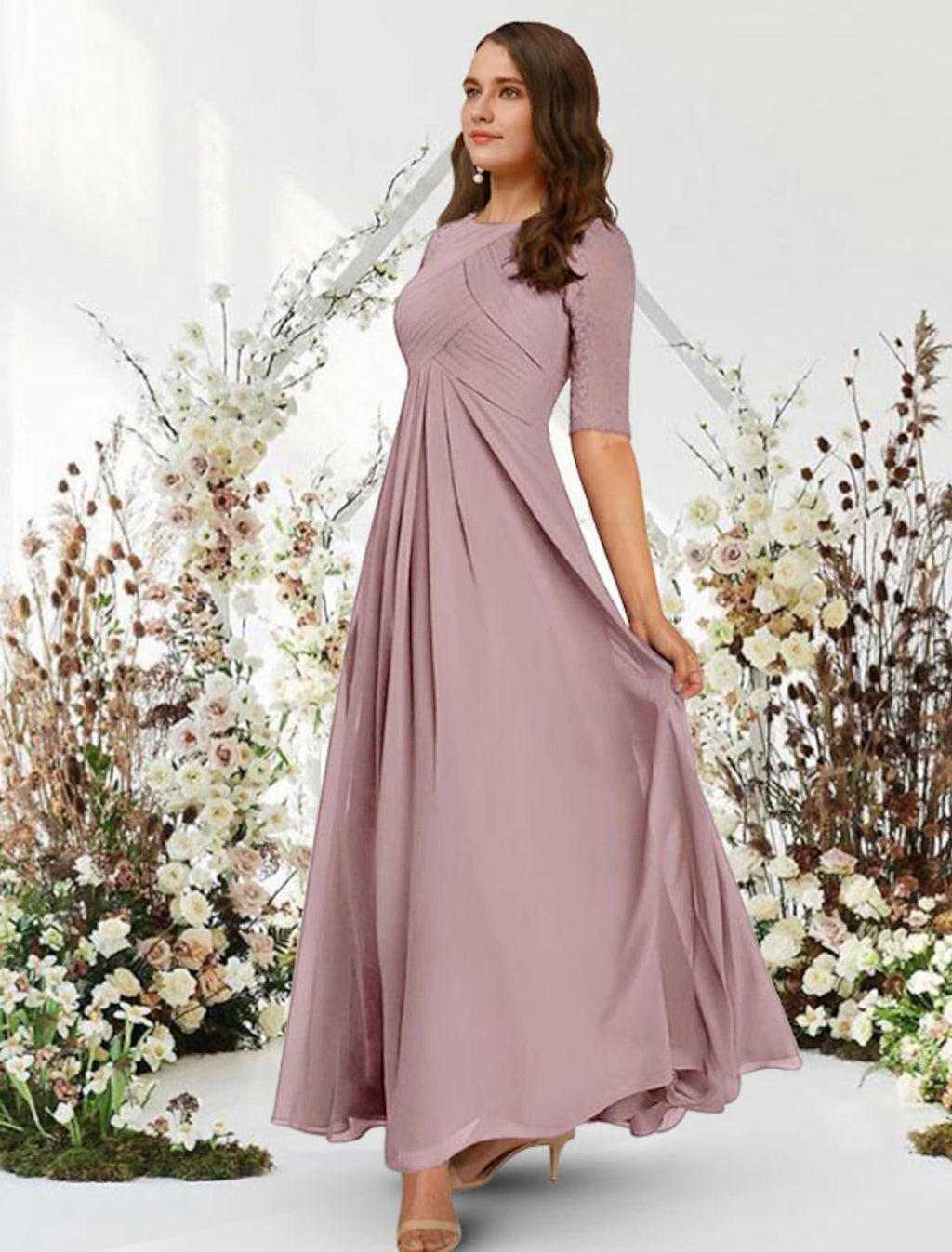 Dusty Rose Chiffon A-Line Floor-Length Bridesmaid Dress with Lace Sleeves