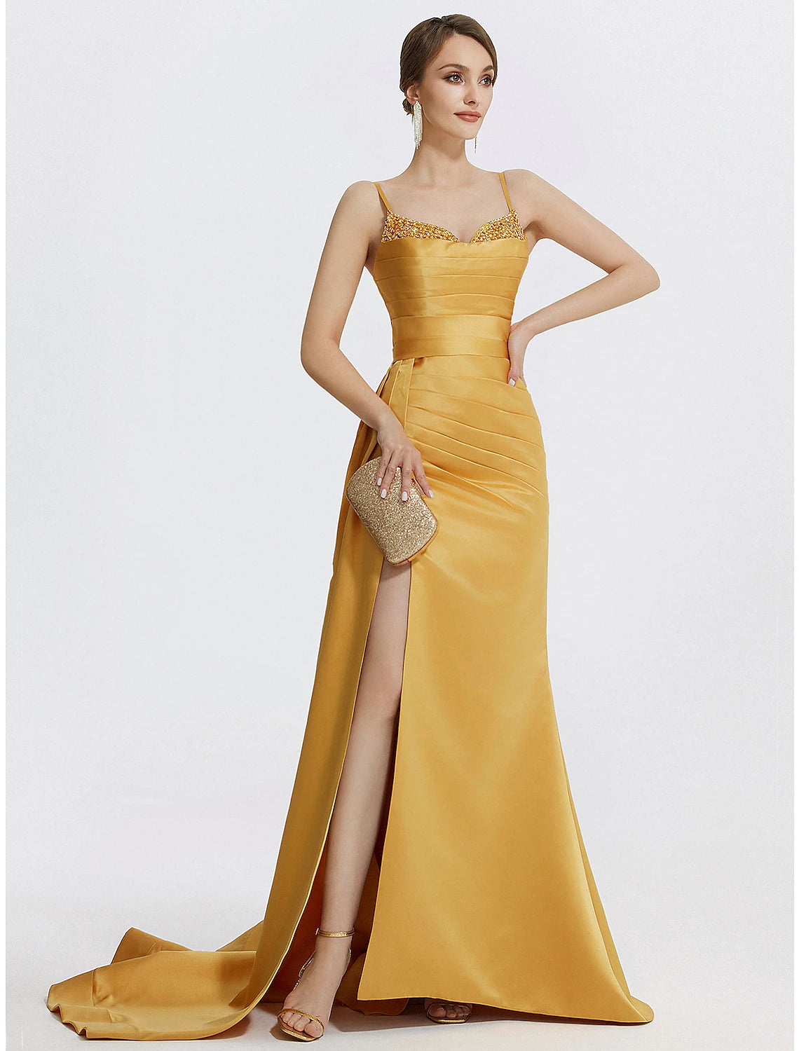 Abito da sera a trapezio, scintillante, da sposa, da ballo, con strascico a ruota, senza maniche, con spalline sottili, in raso con strass e arricciato