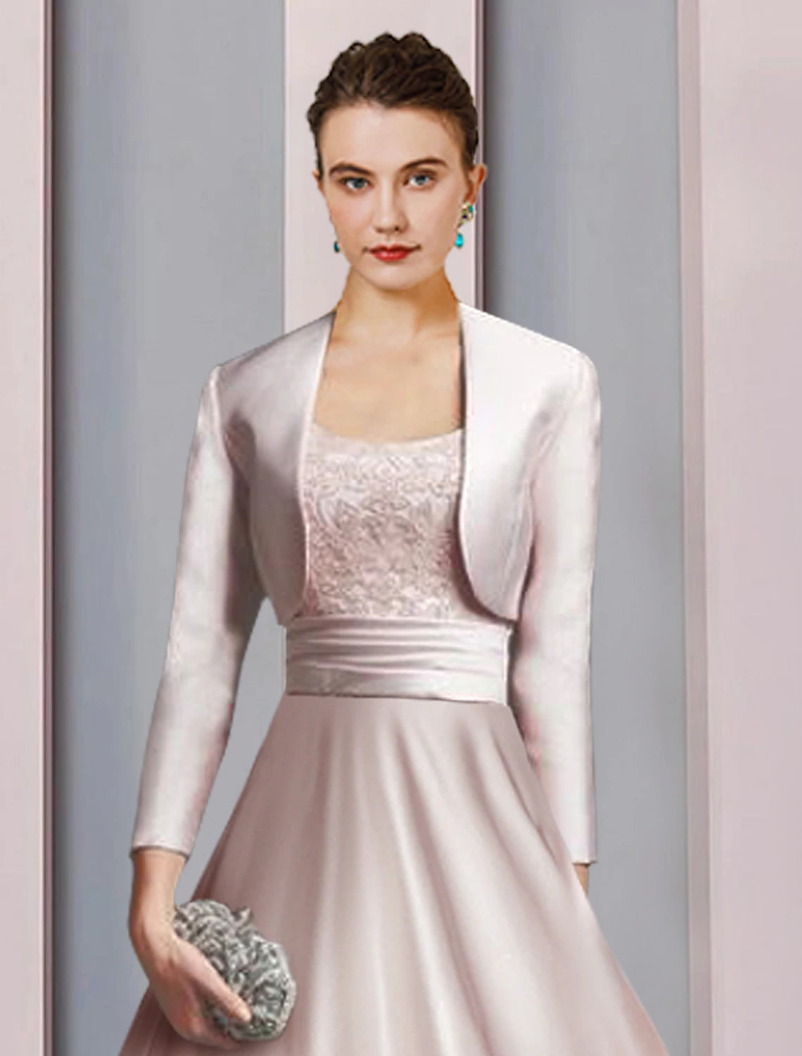 Blushing Pink Satin A-Line Tea-Length Dress with Square Neck, Lace Bodice & Bolero Jacket
